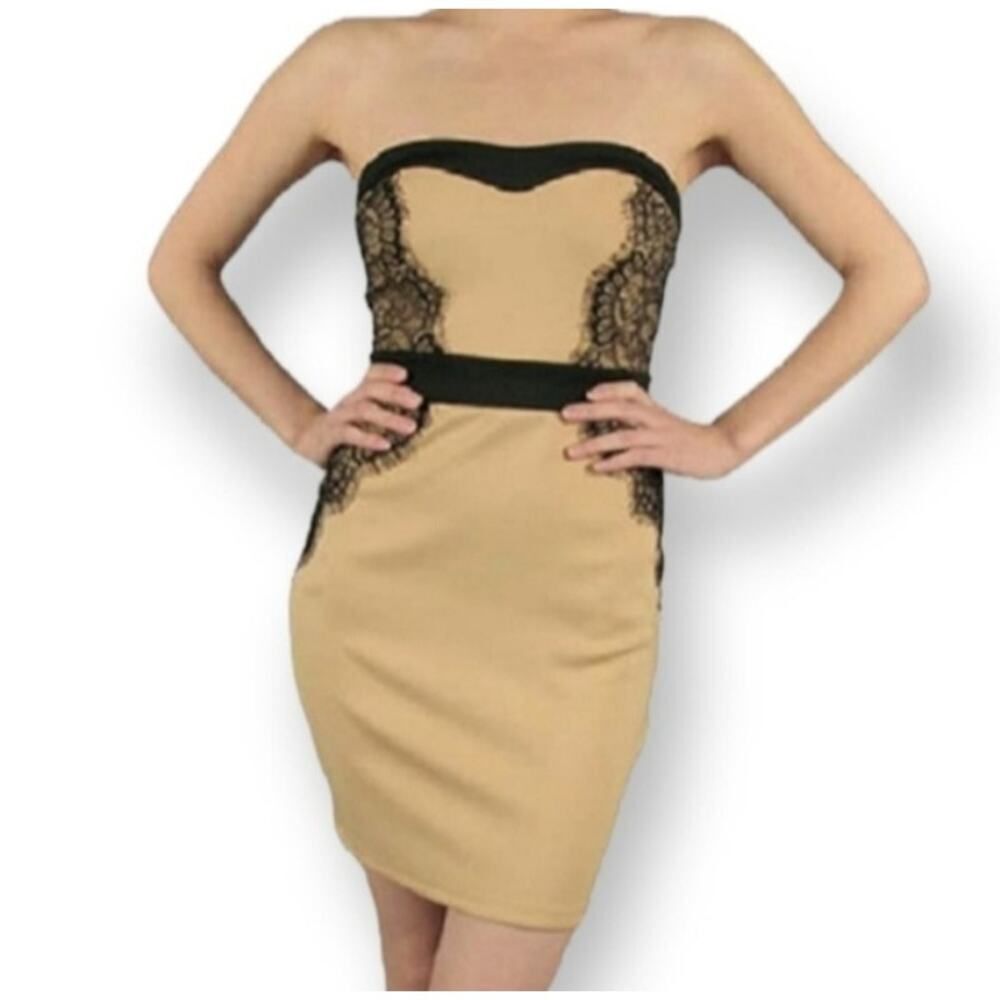 PAULNKC TAN & BLACK STRAPLESS SOFIA LACE TRIM SCUBA TUBE DRESS SZ.M GUC